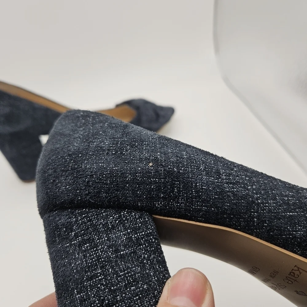 kate spade blue shimmer chambray pointed toe block heels with bow size 6.5